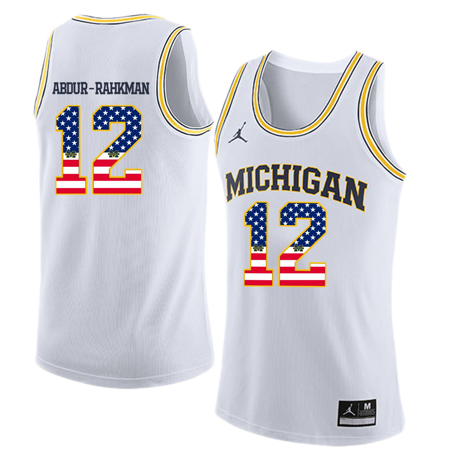 Men Jordan University of Michigan Basketball White 12 Abdur-Rahkman Flag Customized NCAA Jerseys